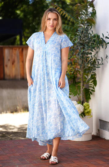Amaryllis Blue Maxi Dress Block Printed