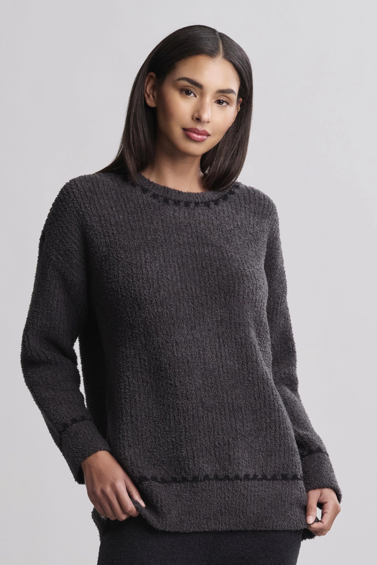 CozyChic Ribbed Sweater with Blanket Stitch