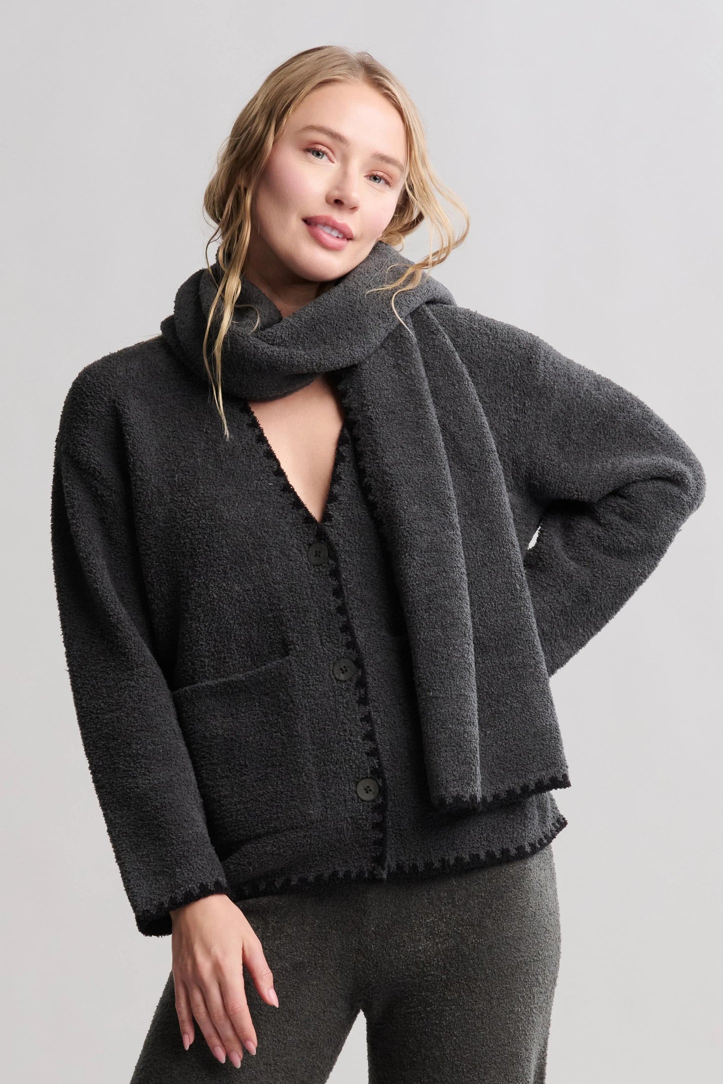 CozyChic Blanket Stitch Cardigan with Detachable Scarf