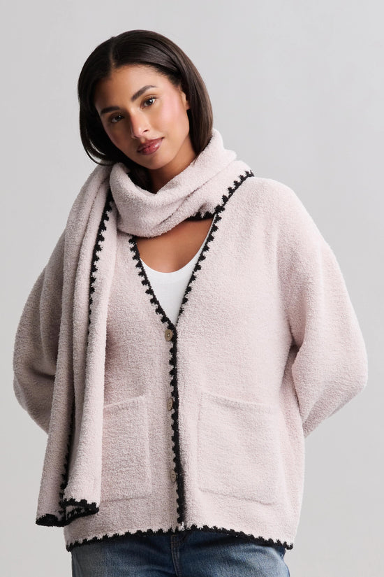 CozyChic Blanket Stitch Cardigan with Detachable Scarf