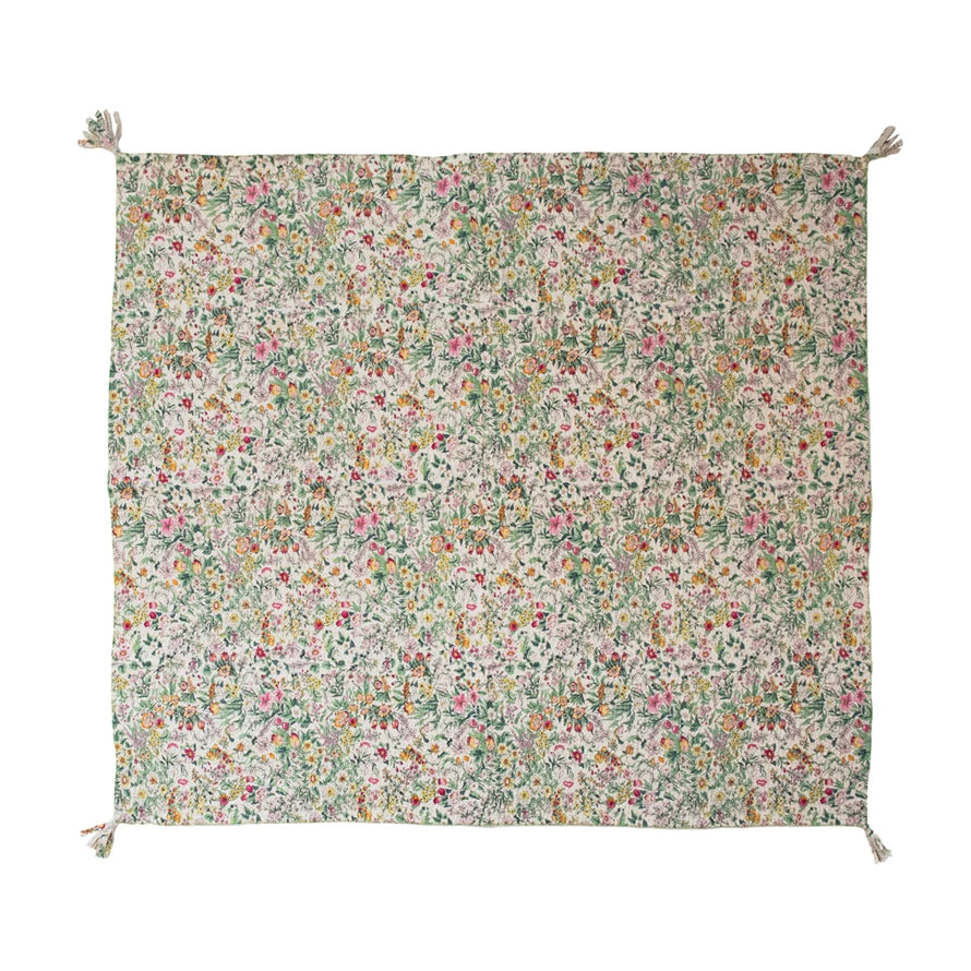 Quilted Floral Cotton Throw