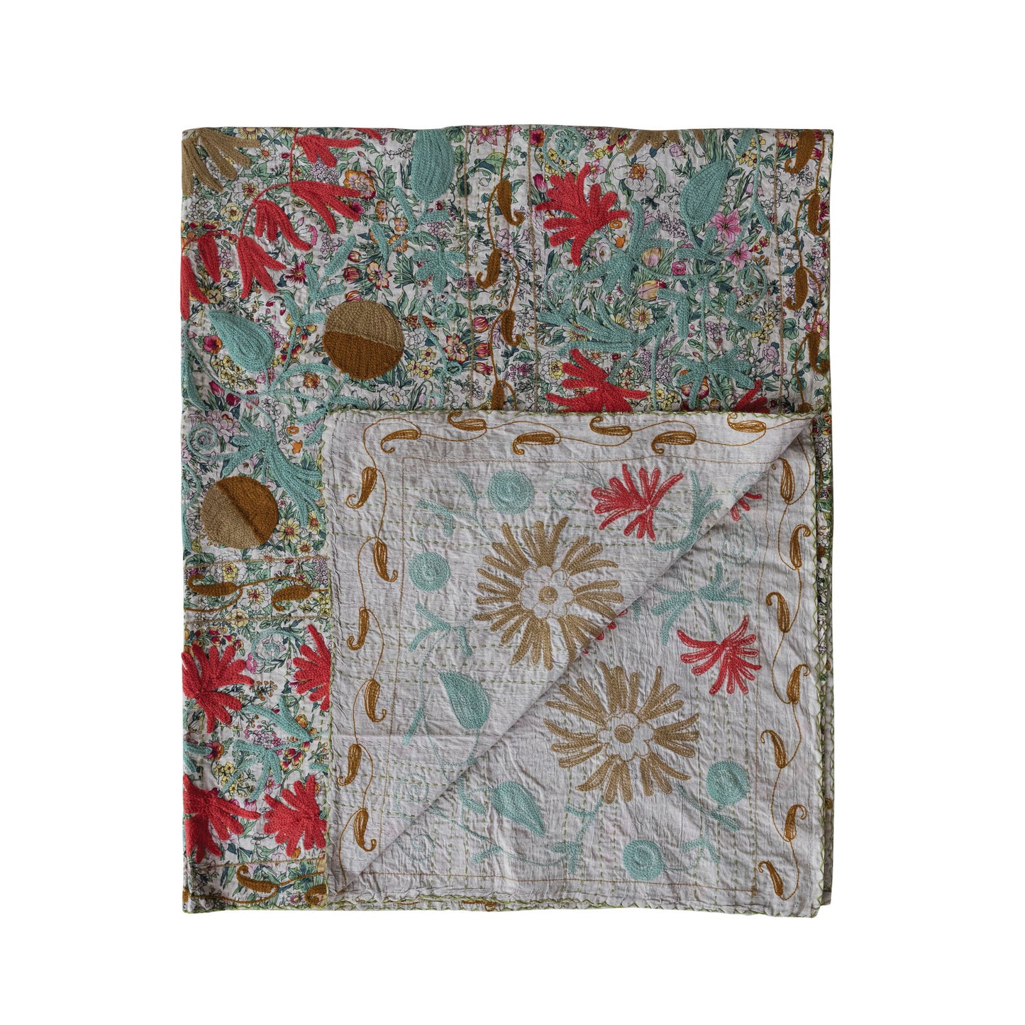 Embroidered Floral Kantha Stitch Throw