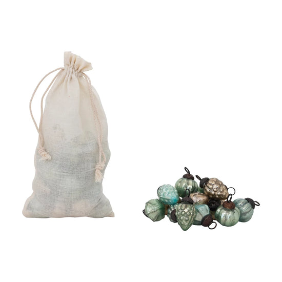 Embossed Mercury Glass Ornaments in Muslin Bag, Set of 36