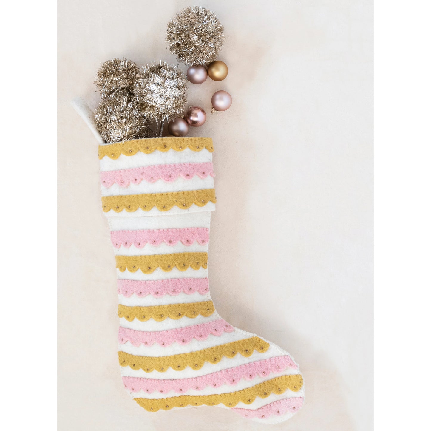 Wool Felt Stocking with Appliqued Scallops and Beads