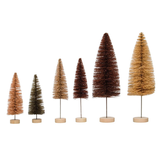 Sisal Bottle Brush Trees w/ Wood Bases, Brown & Plum Colors, Set of 6