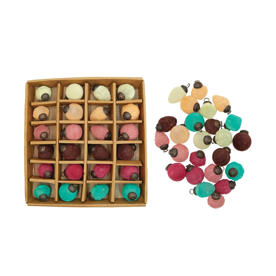 Flocked Embossed Glass Ornaments, Boxed Set of 24