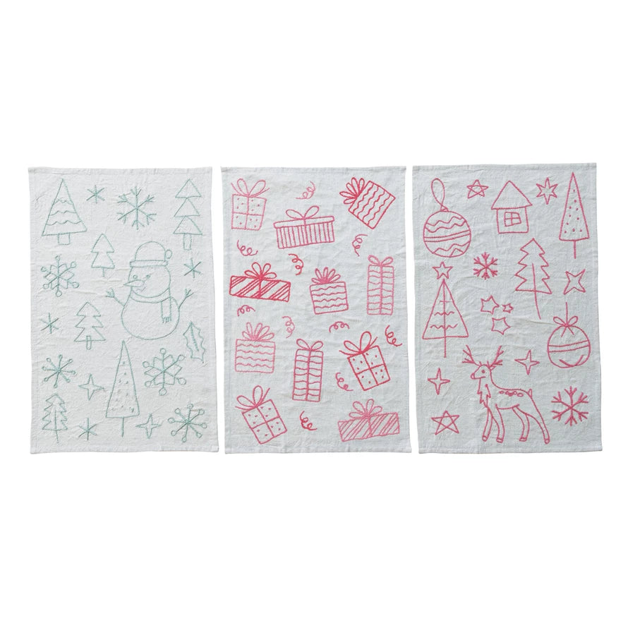 Embroidered Woven Cotton & Linen Tea Towel