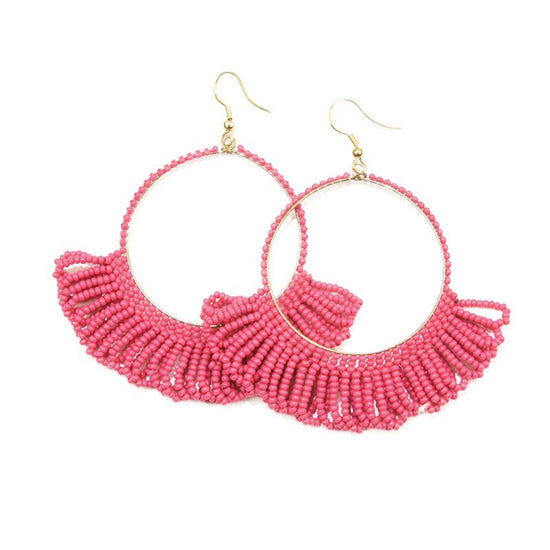 Hot Pink Fringe Hoop Seed Bead Earrings