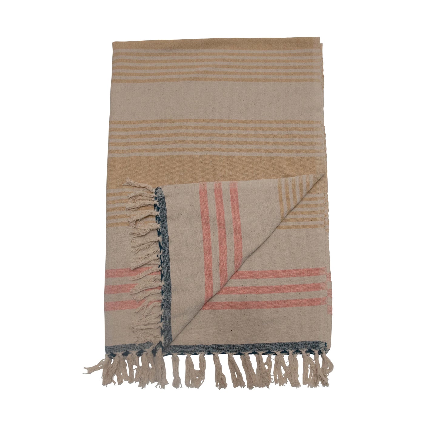 Woven Cotton Blend Throw with Stripes and Fringe
